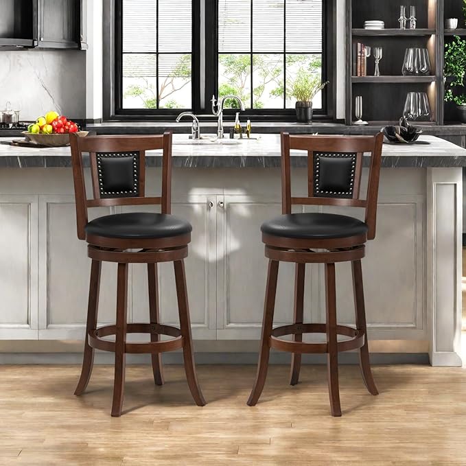 ERGOMASTER Set of 2 Swivel Bar Stools 30.5 Inch Height - 360° Rotating PU Leather Counter Stools with Backrest & Footrest, Brown Tobacco Wood Kitchen Island Stools, 250 lbs Capacity
