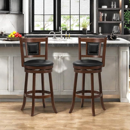 ERGOMASTER Set of 2 Swivel Bar Stools 30.5 Inch Height - 360° Rotating PU Leather Counter Stools with Backrest & Footrest, Brown Tobacco Wood Kitchen Island Stools, 250 lbs Capacity