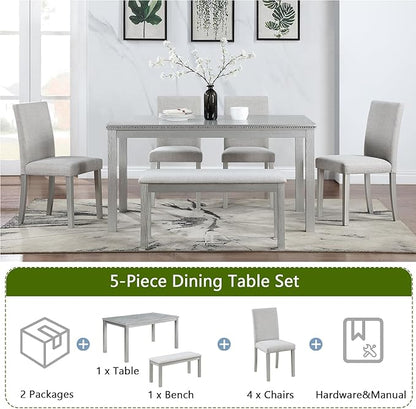 6 Piece Wooden Dining Table Set, Rectangular Dining Table with 4 Upholstered Chairs and 1 Bench, Elegant Dining Table Set with Crystal Decoration for Kitchen, Dining Room, Silver Grey