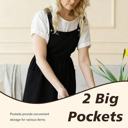 Cityelf Vintage Pinafore Apron Dress Snap Adjust Linen Cotton with Pockets Floral Aprons for Cooking Gardening