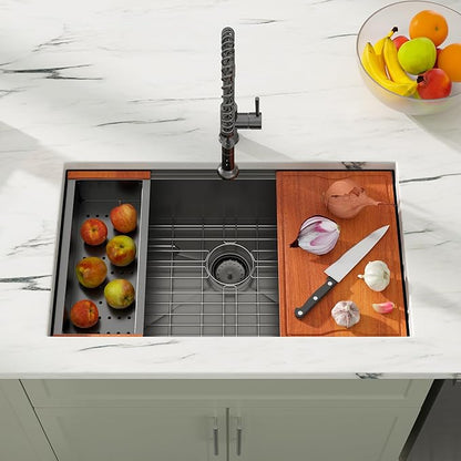 Dcolora 30 Inch Undermount Sink Black Stainless Steel Kitchen Sink Undermount Workstation Gunmetal Black Stainless Steel 16 Gauge Single Bowl Kitchen Sink Basin (30"x19"x10"), DC-U7708