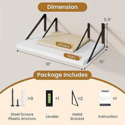 Acovy Floating Shelves for Wall,18" Wall Mounted Shelves Set of 2,Wood Floating Shelf with Bracket,Sturdy Metal Bracket Bookshelves Home Decor Storage for Living Room,Bedroom,Bathroom,Kitchen,White