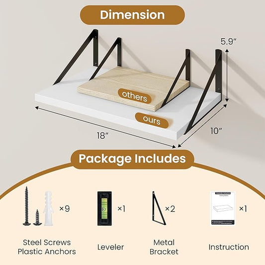Acovy Floating Shelves for Wall,18" Wall Mounted Shelves Set of 2,Wood Floating Shelf with Bracket,Sturdy Metal Bracket Bookshelves Home Decor Storage for Living Room,Bedroom,Bathroom,Kitchen,White