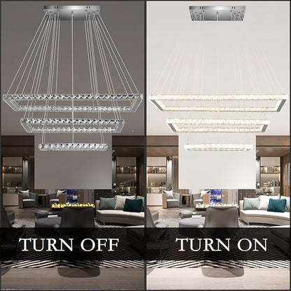 Finktonglan Dimmable Crystal Chandelier, Modern 3 Rectangular Ring LED Pendant Light with Remote & App Control, 31.4" Adjustable Hanging Height, 2500K-6500K, Kitchen Island Dining Room Stairwell Foyer