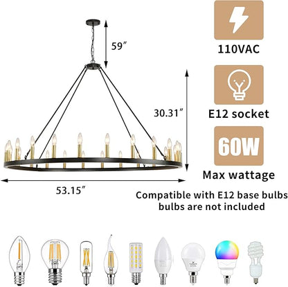 24-Lights 54" Extra Large Wagon Wheel Chandelier Farmhouse, Black and Gold Chandelier for High Ceilings, Rustic Chandeliers for Dining Room, Kitchen Island, Living Room, Foyer, Entryway