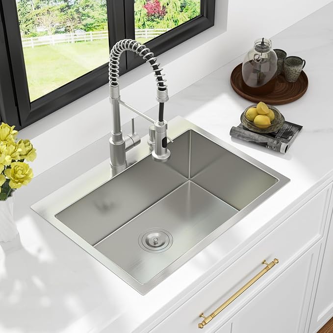 Kichae 24 Drop In Kitchen Sink - Stainless Steel Sinks 24 x 18 Inch Topmount Overmount Single Bowl Handmade Basin with Accessories