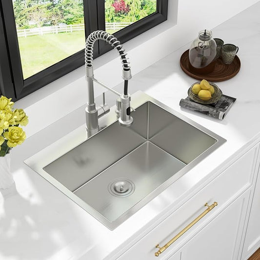 Kichae 24 Drop In Kitchen Sink - Stainless Steel Sinks 24 x 18 Inch Topmount Overmount Single Bowl Handmade Basin with Accessories