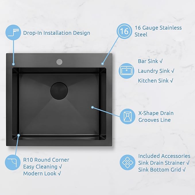Black Kitchen Sink 25"x22",Drop In Laundry Utility Sink,25 Inch Black Sink 16 Gauge Stainless Steel,Top Mount Single Bowl Deep Kitchen Sinks
