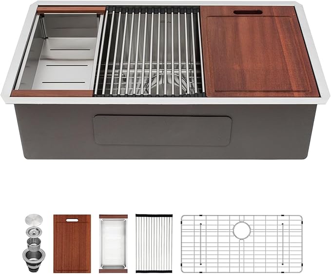 Sarlai 27 Inch Kitchen Sink Undermount - 27"x19" Undermount Sink Ledge Workstation Stainless Steel 16 Gauge Deep Single Bowl Under Counter Kitchen Sinks with Accessories