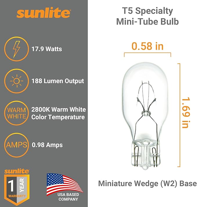 Sunlite T5 Specialty Mini-Tube Bulb, 17.9 Watts, 188 Lumens, 12.8V, C-2R Filament, Miniature Wedge W2.1x9.5d Base, Clear Finish, 2800K Soft White, For Under Cabinet Lighting and Stage Lighting, 10 Pack