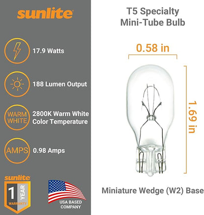 Sunlite T5 Specialty Mini-Tube Bulb, 17.9 Watts, 188 Lumens, 12.8V, C-2R Filament, Miniature Wedge W2.1x9.5d Base, Clear Finish, 2800K Soft White, For Under Cabinet Lighting and Stage Lighting, 10 Pack