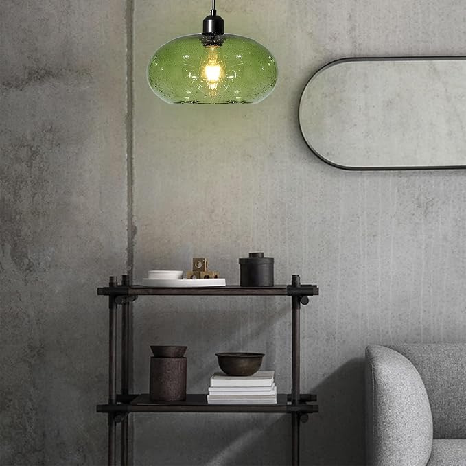Modern Green Glass Pendant Light, 1-Light Glass Dome Shade Pendant Lighting Fixture for Kitchen Island, Sink, Counter, Bar,Nursery,Dining Room, Matte Black 10inch Diam