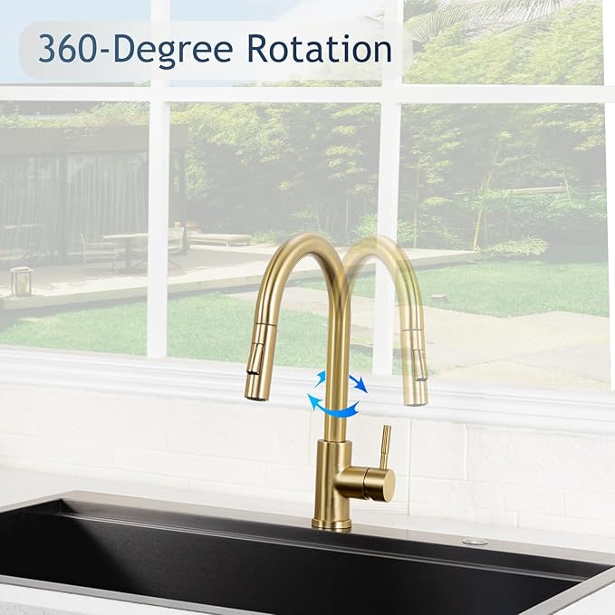 Hotis Gold Kitchen Faucet with Pull Down Sprayer, High Arc Stainless Steel Sink Faucet, Brushed Gold Bar Faucet Fit for 1 Hole Sink, Easy Install for Kitchen Farmhouse RV, HT-KBD101G