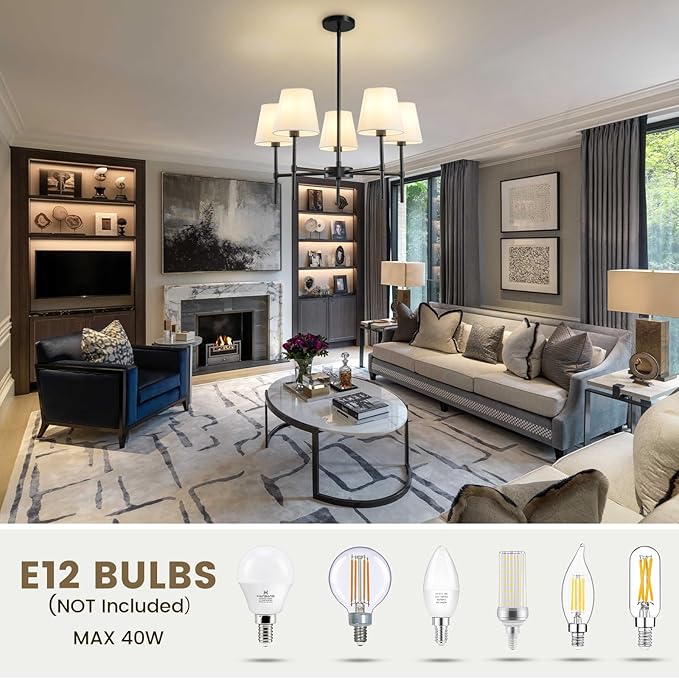 RUIYEY Dining Room Chandeliers Light - 5-Light 25.6 Inch Black Modern Chandeliers Light Fixtures with White Fabric Shade, Height Adjustable Pendant Island Lights for Entryway Farmhouse