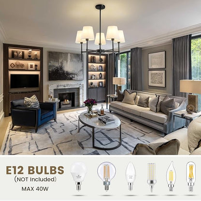 RUIYEY Dining Room Chandeliers Light - 5-Light 25.6 Inch Black Modern Chandeliers Light Fixtures with White Fabric Shade, Height Adjustable Pendant Island Lights for Entryway Farmhouse