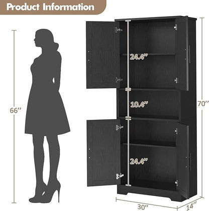 IDEALHOUSE Kitchen Pantry Cabinet, 70in Tall Storage Cabinet with Doors and Adjustable Shelves, Freestanding Cupboard for Living Room, Dining Room, Bathroom (Black)