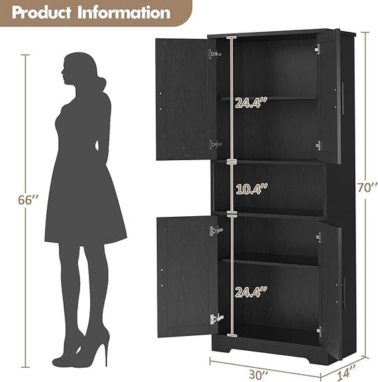 IDEALHOUSE Kitchen Pantry Cabinet, 70in Tall Storage Cabinet with Doors and Adjustable Shelves, Freestanding Cupboard for Living Room, Dining Room, Bathroom (Black)