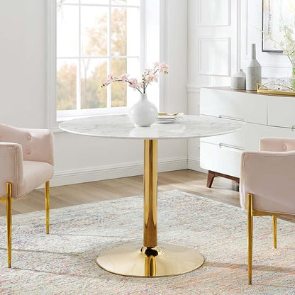 Modway Verne Round Artificial Marble 40" Dining Table in Gold White