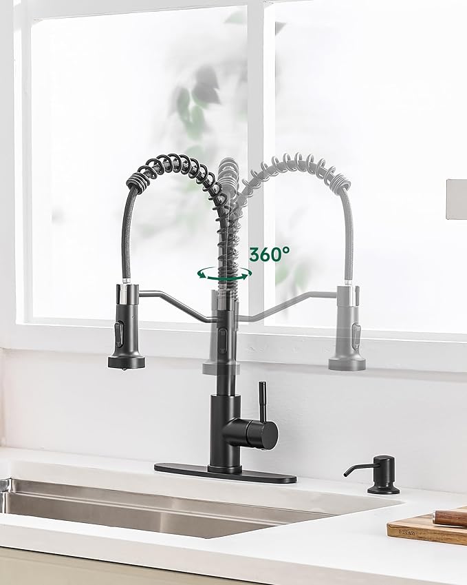 AIMADI Black Kitchen Faucet with Soap Dispenser and Pull Down Sprayer, Matte Black Commercial Spring Single Handle Stainless Steel Sink Faucet for Farmhouse Camper Laundry Rv Bar