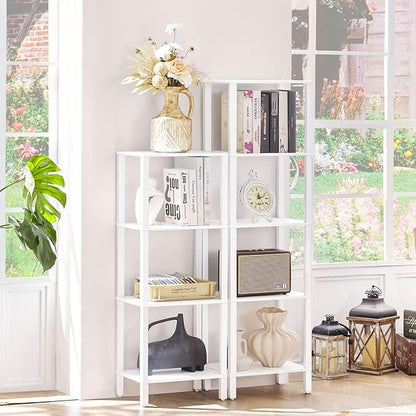 YUFAM 4 Tier Tall Wooden Bookshelf with Storage - Small White Bookcase for Small Spaces, Shelf for Living Room, Office, Bedroom, Kitchen - Industrial Modern Book Shelf
