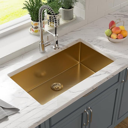 Lordear 32 Undermount Kitchen Sink Matte Gold 32X19 Kitchen Sinks16 Gauge Stainless Steel Deep Single Bowl Handmade Sink Basin