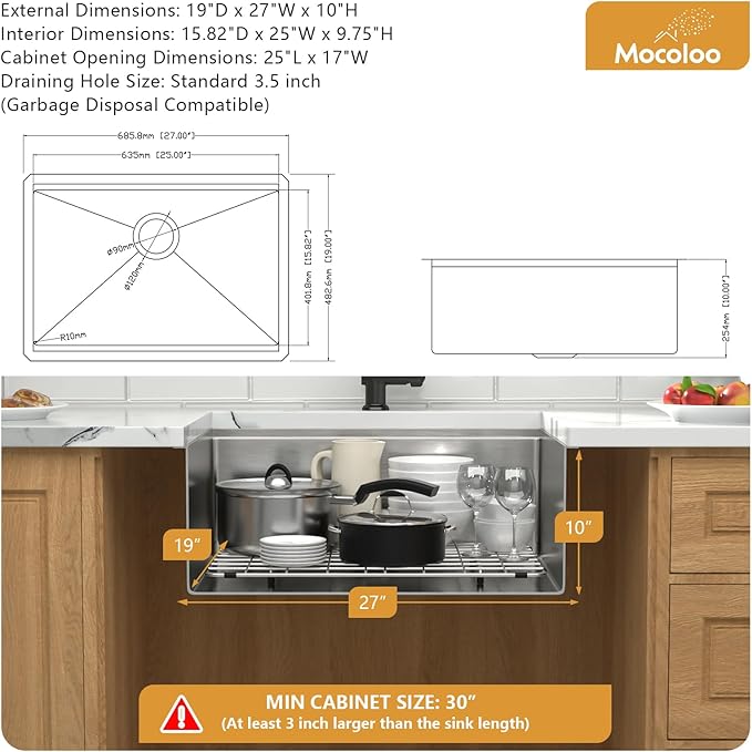 Mocoloo 27 Inch Undermount Kitchen Sink - 27x19 Stainless Steel Sink 16 Gauge Single Bowl Workstation Handmade Deep Basin