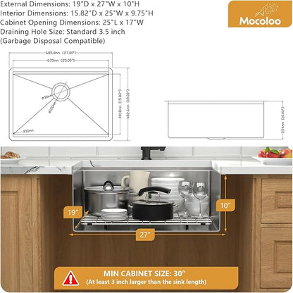 Mocoloo 27 Inch Undermount Kitchen Sink - 27x19 Stainless Steel Sink 16 Gauge Single Bowl Workstation Handmade Deep Basin