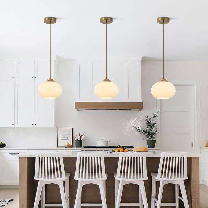 KCO Lighting 1-Light Globe Pendant Light Mid Century Modern Pendant Lighting White Glass Hanging Light Fixture Brushed Brass Chandelier Adjustable Light for Dining Room Living Room Bedroom Kitchen