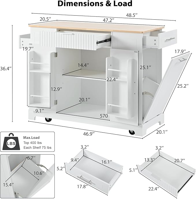 Merax Fluted Kitchen Island with Trash Can Storage Cabinet, Power Outlet, Internal Storage Rack, Rolling Kitchen Storage Cart on 5 Wheels with 3 Drawer, 3 Open Side Racks, White