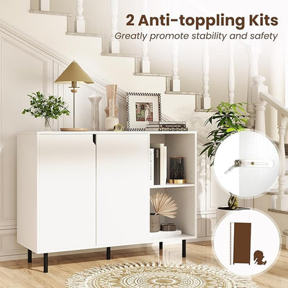 LOKO Kitchen Buffet Cabinet with Storage, Modern Storage Island with Adjustable Shelves, 2 Doors, Sturdy Metal Legs, Coffee Bar Cabinet, Perfect for Living Room, White