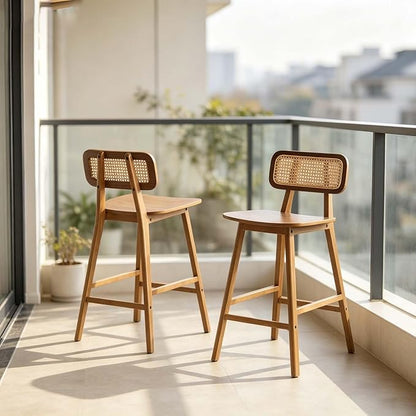 Set of 2 Wooden Barstools, Rattan Woven Back Island Chairs, Counter Height Rattan Bar Stools for Kitchen Island