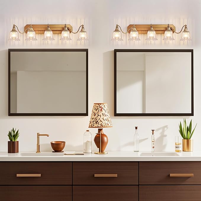 Gold Vintage Bathroom Light Fixtures, 5-Lights Bathroom Vanity Light, Antique Brushed Gold Lighting Fixtures Over Mirror with Crystal Glass Shade, Wall Sconce Lighting