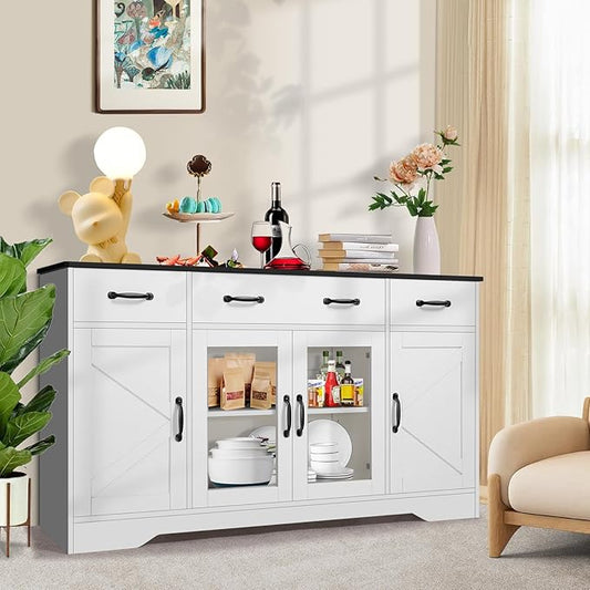 Homdox 55" Buffet Cabinet with Storage, Modern Farmhouse Sideboard with Adjustable Shelves and Glass Doors, Large Wood Coffee Bar Cabinet for Kitchen, Living Room, White