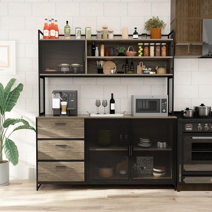 AGOTENI Large Kitchen Hutch Cabinet, Storage Cupboard Pantry with 3 Metal Doors, 3 Drawers & Microwave Shelf, for Kitchen Open Storage, Walnut (59" W x 15.7" D x 68.5" H)