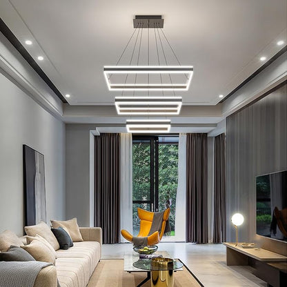 Modern Pendant Light Fixture, 3 Layer Square Black LED Chandelier for Dining Room Table, Dimmable 3000K-6500K, Adjustable Height Kitchen Island Ceiling Hanging Lighting for Living Room Bedroom