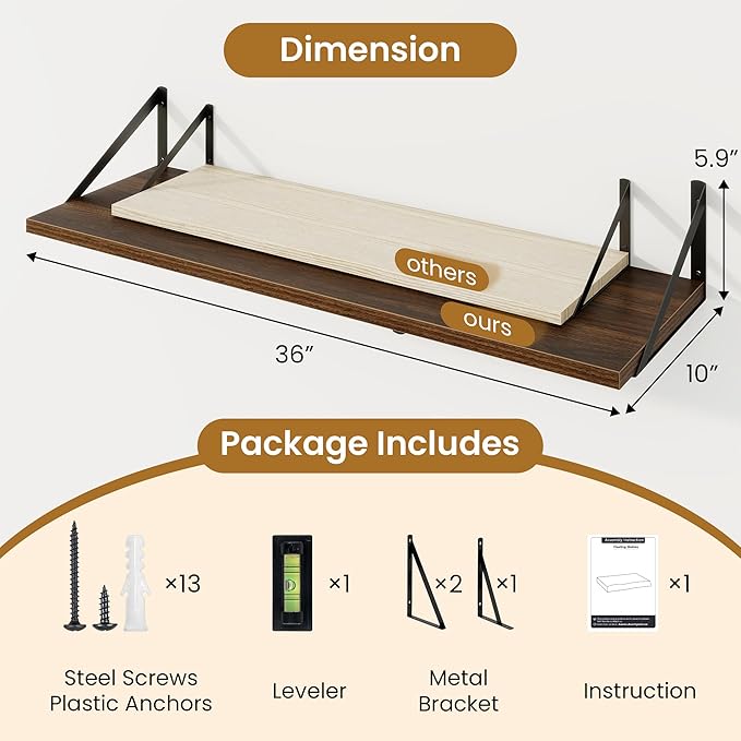 Acovy Walnut Deep Floating Shelves for Wall,36" Wx10 D Wood Wall Shelves with Metal Brackets,Hanging Storage Floating Shelf for Living Room,Bedroom,Bathroom,Office,Kitchen