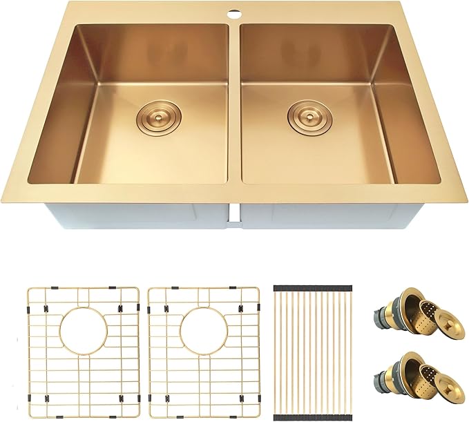 Gold Kitchen Sink,33 X 22 inch Drop in Kitchen Sinks Double Bowl,16 Gauge Stainless Steel 50/50 Double Sink,Top Mount/Drop In Double Kitchen Sink 33 inch