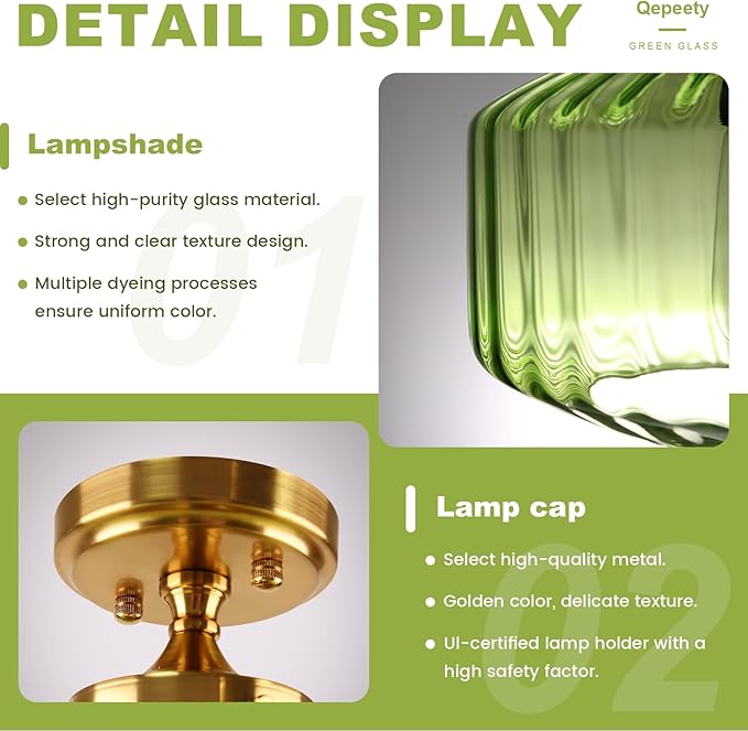Green Semi Flush Mount Ceiling Light Fixture Vintage Antique Brass Flush Mount Overhead Light Glass Gold Chandelier for Farmhouse Closet Entryway Bathroom