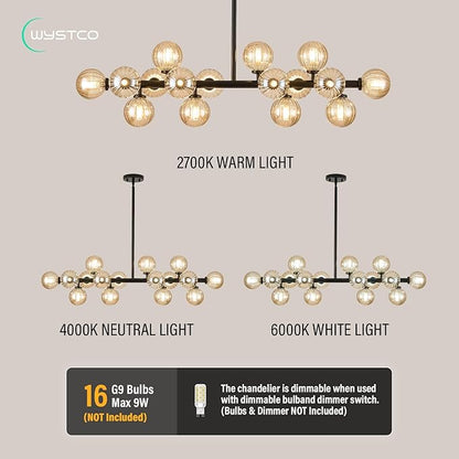 16-Light Globe Sputnik Chandelier, Linear Dining Room Light Fixture Over Table, Mid Century Modern Black Chandeliers for Dining Living Room, Kitchen Island Lighting (Amber Bubble, 40 Inch)
