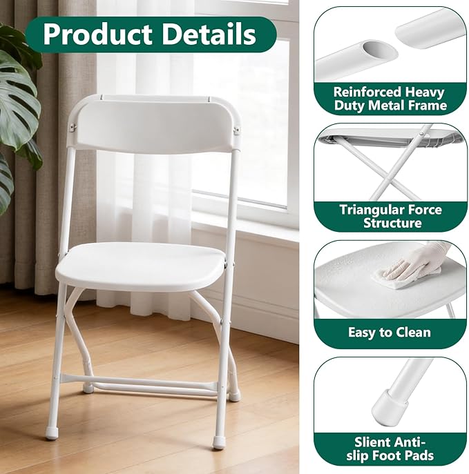 6 Pack White Plastic Folding Chairs, Outdoor Portable Folding Chair with Steel Frame, 350lbs Capacity Stackable Foldable Chairs for Patio, Garden, Picnic, Kitchen, Events