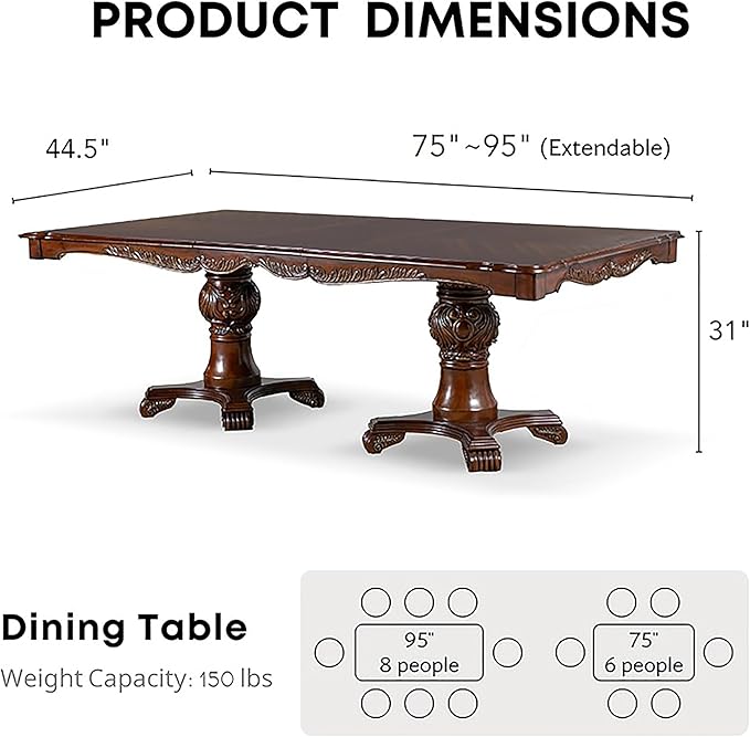 Furniture of America Adair Traditional Solid Wood 95-inch Expandable Dining Table with Double Pedestal and Carved Details, Seats up to 8, for Home, Kitchen, Living Room, Dark Cherry