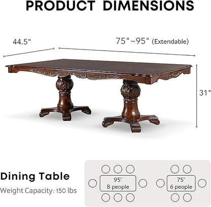 Furniture of America Adair Traditional Solid Wood 95-inch Expandable Dining Table with Double Pedestal and Carved Details, Seats up to 8, for Home, Kitchen, Living Room, Dark Cherry