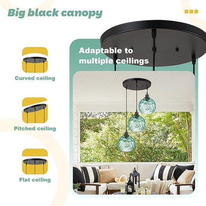 3-Light Vintage Chandelier Green Glass Globe Pendant Light Kitchen Island Mid Cenytury Lamps Black Ceiling Hanging Light for Bedroom Dining Room Living Room