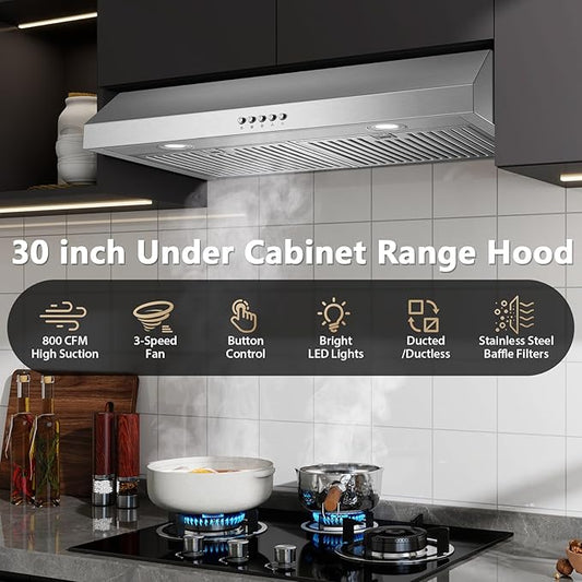 Under Cabinet Range Hood 30 inch, Stainless Steel Kitchen Hood 800CFM, Stove Hood with Push Button Control, Baffle Filters, Ducted/Ductless Convertible Duct