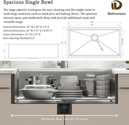 33x19 Undermount Kitchen Sink, Delironexu 33 Inch Kitchen Sink Workstation, 16 Gauge 304 Stainless Steel Undermount Kitchen Sink Single Bowl with Accessories
