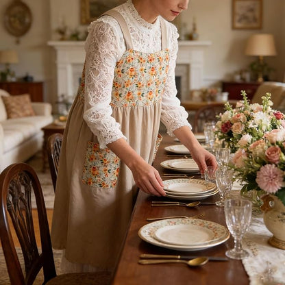 Uaussi Cotton Linen Apron Cross Back Work Apron for Women with Pockets Pinafore Dress X Cross Halter Apron for Chef Gardening