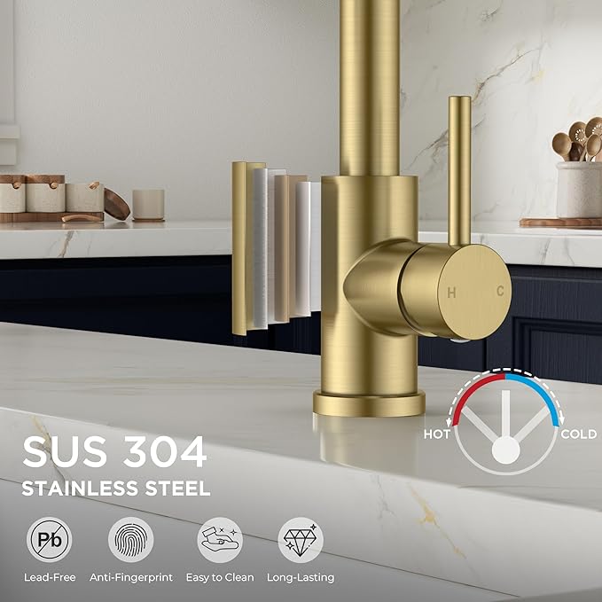 Gold Kitchen Faucet with Pull Down Sprayer, Stainless Steel Kitchen Sink Faucet Classic High Arc Single Handle with Deck Plate for 1 or 3 Hole, Fit for Farmhouse Bar Laundry Camper