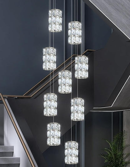 9-Lights Modern Crystal LED Dimmable for Staircase Foyer High Ceiling Chandeliers Hallway Nickel