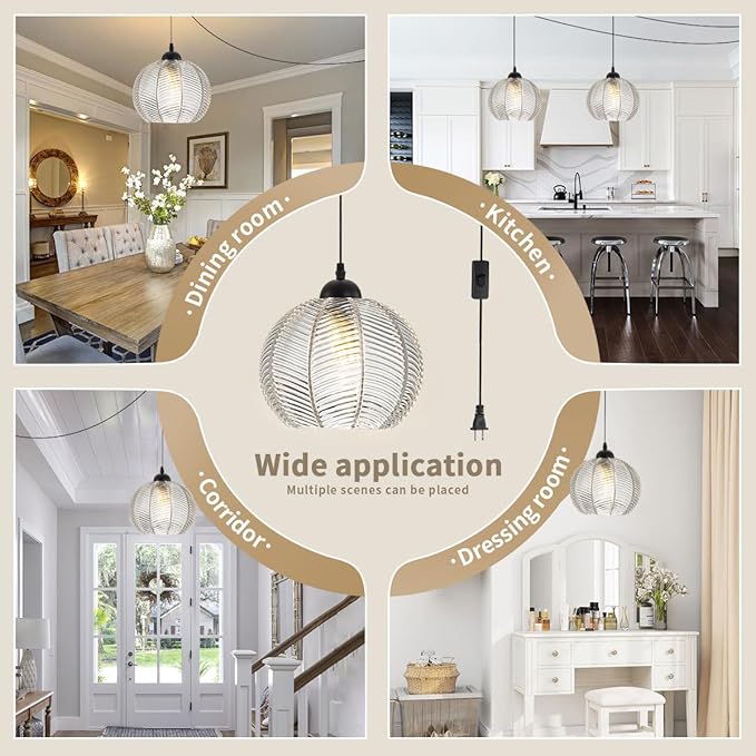 Glass Globe Plug in Pendant Light 7.9″ Clear Ribbed Glass Shade Modern Pendant Light 14.7ft Plug in Cord Vintage Hanging Lights Fixtures Boho Swag Lamp Cord for Living Room Kitchen