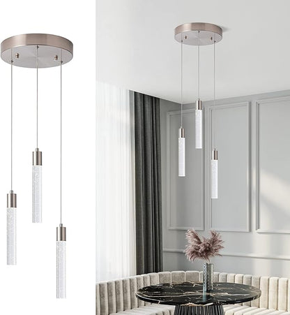 Modern Pendant 3 Light with Adjustable Height - Brushed Nickel & Clear Glass Cylinder Island Lights, 3000-6000K Dimmable Kitchen Pendant Lighting for Kitchen Island, Dining Room, Bar Counter